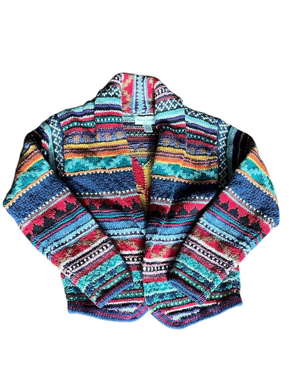 Vintage Casual Corner Shetland Wool Colorful Rainbow Quilt Pattern Sweater